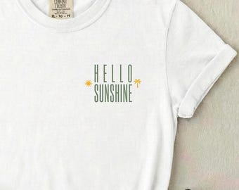 Hello Sunshine Pocket Tee, Comfort Colors Left Chest Shirt for Women, Minimal Summer Top, Cute Subtle Beach Tshirt, Gift