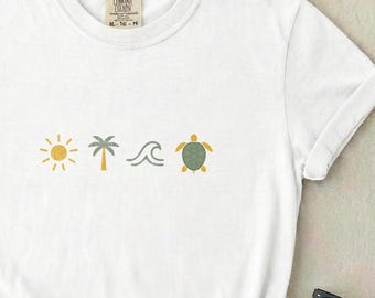 Sea Turtle Beach Shirt, Comfort Colors Ocean Icons Tee for Women, Summer Sun Palm Wave Top, Coastal Minimalist Tshirt, Gift