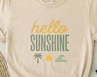 Hello Sunshine Tropical Shirt, Comfort Colors Summer Tee for Women, Palm Tree Beach Vacation Top, Coastal Cute Gift for Her