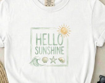 Hello Sunshine Watercolor Beach Shirt, Comfort Colors Seashell Summer Tee for Women, Coastal Starfish Ocean Top, Cute Gift Her