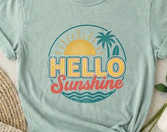 Hello Sunshine Retro Summer Shirt, Comfort Colors Vintage Beach Tee for Women, Sunset Palm Tree Vacation Top, Cute Gift for Her