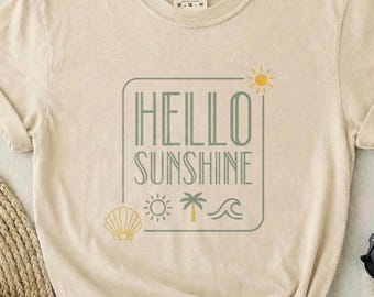 Hello Sunshine Minimalist Shirt, Comfort Colors Coastal Tee for Women, Cute Beach Icons Summer Top, Aesthetic Vacation Gift