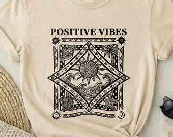 Positive Vibes Beach Shirt, Comfort Colors Ocean Graphic Tee for Women, Boho Summer Surf Top, Sea Turtle Waves Tshirt, Gift