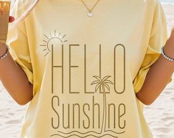 Hello Sunshine Line Art Shirt, Comfort Colors Elegant Summer Tee for Women, Palm Tree Beach Top, Boho Minimal Vacation Tshirt