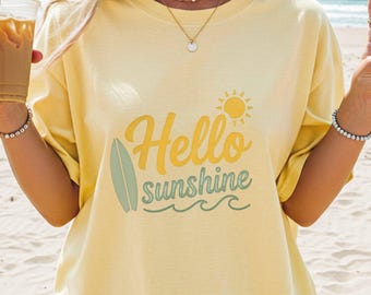 Hello Sunshine Beach Shirt, Surfboard Summer Tee, Comfort Colors 1717 for Women, Cute Surf Vacation Top, Gift for Her
