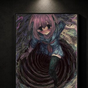 May include: An anime-style illustration of a girl with pink hair and a blue uniform. The artwork features a dark, swirling vortex design around the girl, with a black frame. The style is reminiscent of manga and anime art.