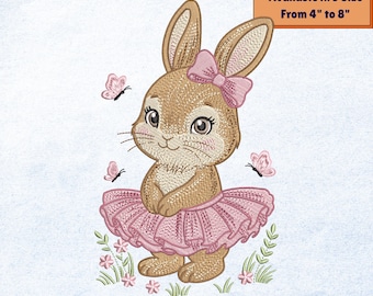 Cute Bunny Girl Embroidery Design, Baby Bunny Tutu Easter Machine Embroidery File, Spring Rabbit PES DST Download