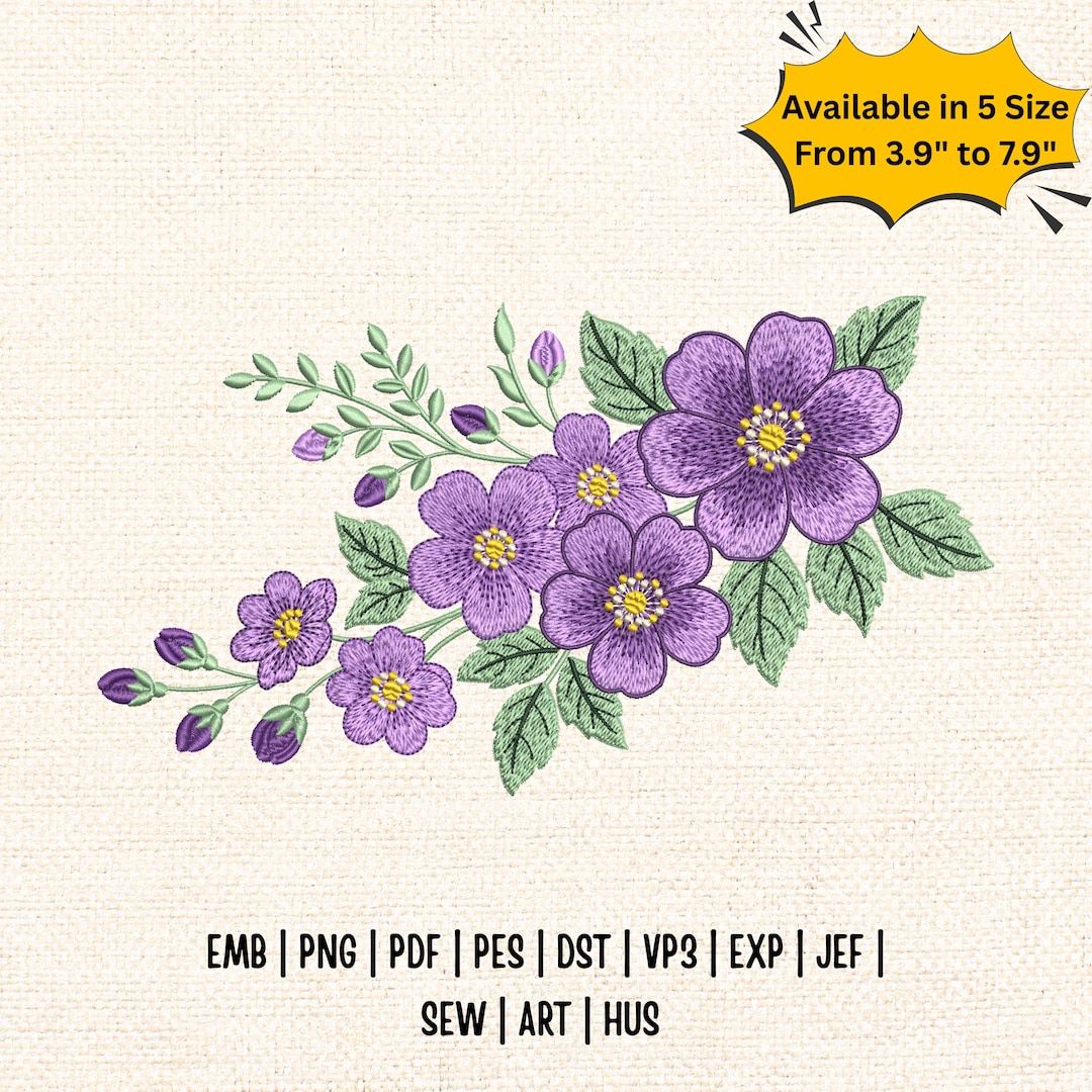 Purple Floral Embroidery Design, Violet Flower Bouquet Embroidery File ...