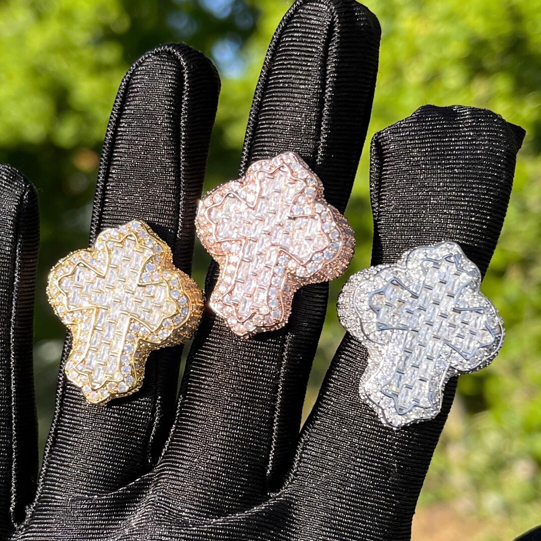 Baugette Rapper Ring Iced Out Baguette Cut Cross Ring for Men | Hip Hop Bling Statement ...