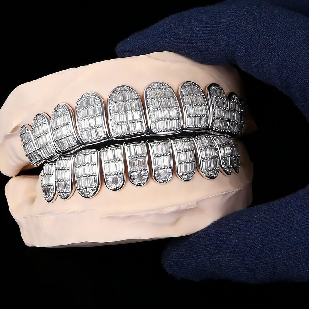 Rectangular Frame Teeth Custom Iced Out Rectangular Cutting VVS Moissanite Grillz S925 Sterling ...