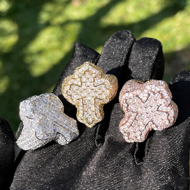 Baugette Rapper Ring Iced Out Baguette Cut Cross Ring for Men | Hip Hop Bling Statement ...