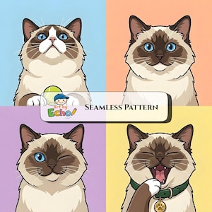 May include: A seamless pattern design featuring four cartoon illustrations of a Siamese cat with blue eyes and a brown mask. The cat is depicted in various poses against a colorful background. The text "SEAMLESS PATTERN" is also included.