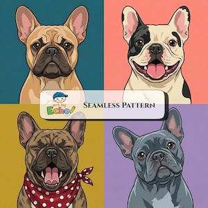 Modello senza cuciture Bulldog francese / Flat Art / Design colorato / Download PDF digitale e stampabile