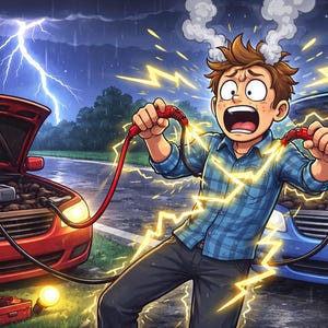 May include: An illustration depicts a person receiving an electric shock while jump-starting a car in the rain. The person is holding jumper cables, with lightning bolts and smoke effects. A red car and a blue car are in the background.