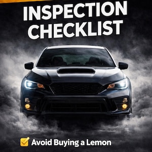 May include: A black car is featured in a promotional image with the text "USED CAR INSPECTION CHECKLIST." Additional text includes "Avoid Buying a Lemon," "Printable PDF + Spreadsheet," and "Easy-to-Use!"