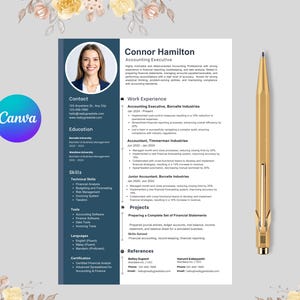 May include: A resume template with a photo, contact information, and work experience details. The resume is for Connor Hamilton, an Accounting Executive. A gold pen rests on the right side of the resume. The Canva logo is in the upper left.
