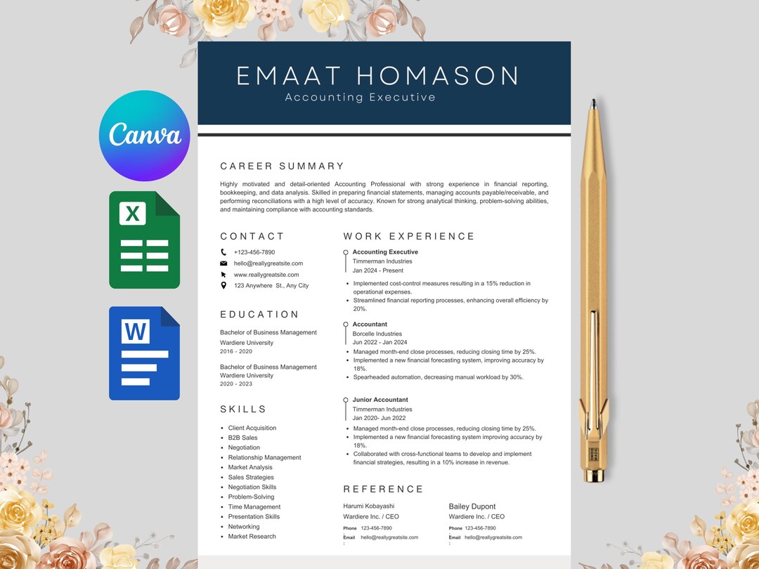 Executive Resume Template | 2 Page ATS Friendly Resume | Editable With ...