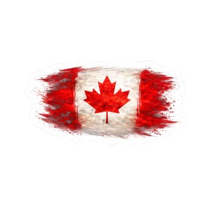 May include: A sticker featuring the Canadian flag. The flag design includes a red maple leaf in the center, with red vertical bars on each side. The background is white with a distressed, grunge-style effect.