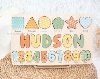 Personalisiertes Baby Geschenk Namen Puzzle mit Zahlen, geometrische Formen, Lernspielzeug, Geburtstagsgeschenk, kostenlose Rückengravur