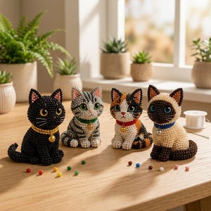 May include: Four beaded cat figurines in black, gray, calico, and Siamese patterns. Each cat has a collar with a bell. The black cat has gold accents, while the others have green, red, and blue collars. Colorful beads are scattered around.