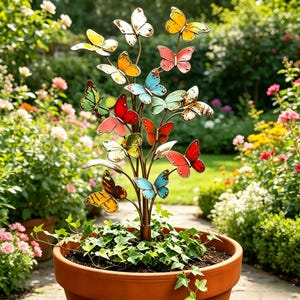 May include: A metal butterfly sculpture in a terracotta pot. The sculpture has a brown stem with colorful butterflies in shades of red, yellow, blue, and green. The pot is filled with soil and green ivy.