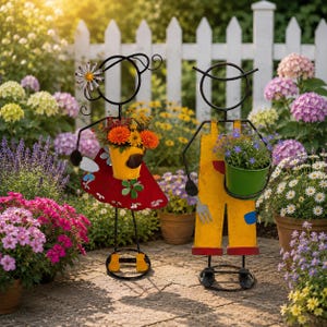 May include: Two metal garden sculptures shaped like stick figures. The left figure wears a red dress with green accents and holds a yellow bucket of orange flowers. The right figure wears yellow overalls and holds a green bucket of blue flowers.