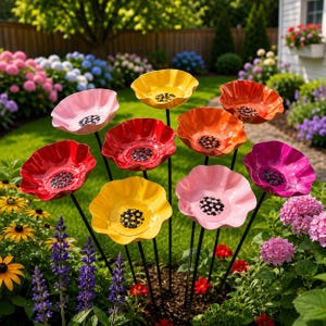 May include: A collection of nine metal garden stakes shaped like flowers with ruffled petals in shades of yellow, pink, red, orange, and magenta. Each flower features a dark center with small black dots, mounted on thin black metal stems.