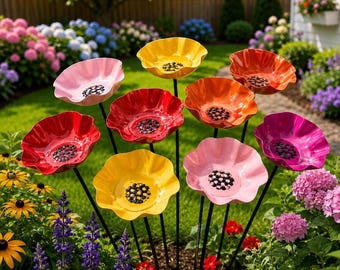 Flower Bird Bath Garden Stake, Bird Water Feeder, Bee Water Station for Bees Butterflies, Pollinator Garden Decor, Colorful Yard Art Gift