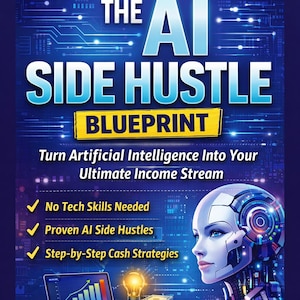 Peut inclure: Couverture de livre avec un fond bleu foncé et le titre "THE AI SIDE HUSTLE BLUEPRINT" en grandes lettres blanches et bleues. La couverture comprend également le texte "How to Make Money with AI Without Coding" et un graphique d'une femme futuriste.