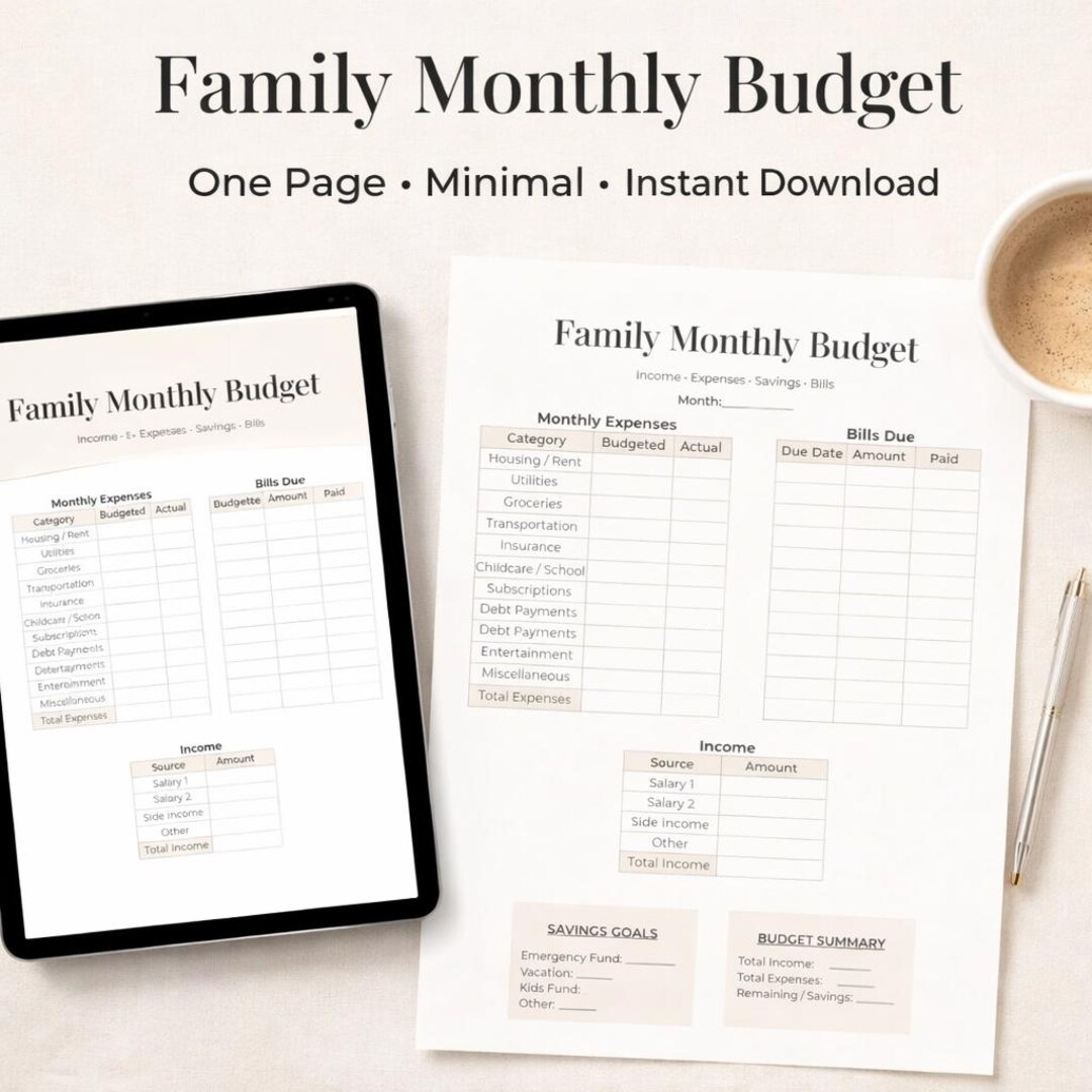 Budget One Page Examples Family Monthly Budget Printable, One Page Budget Planner, Household ...