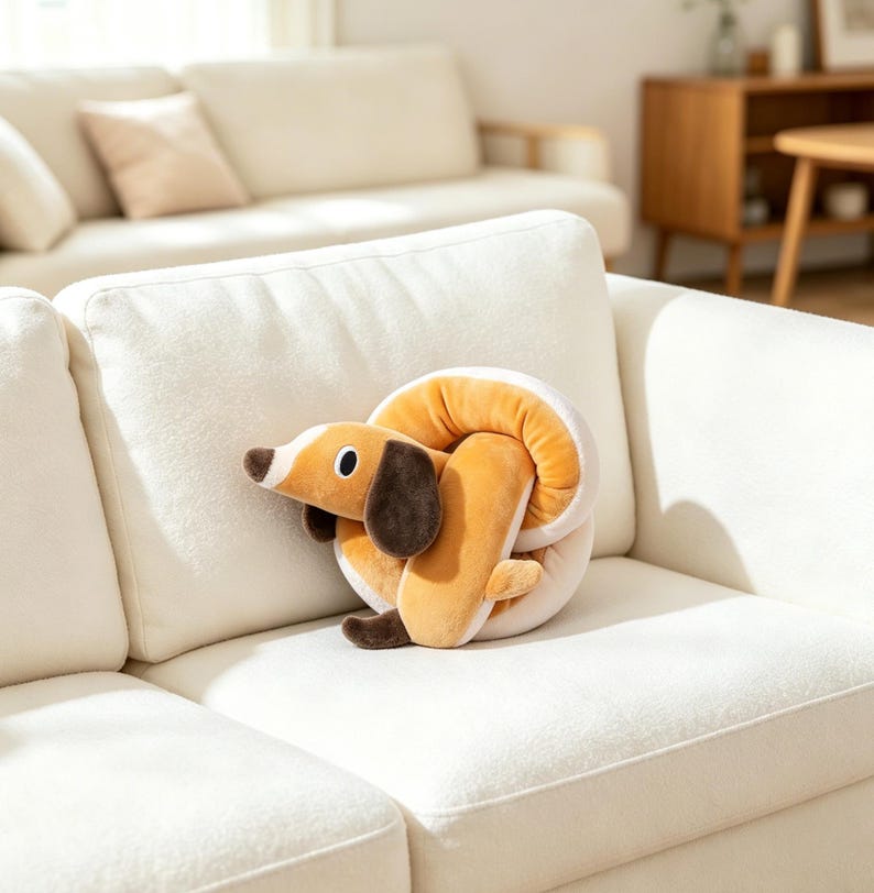 Op de afbeelding: Een knuffel in de vorm van een opgerolde teckel met een beige lichaam, donkerbruine oren en een witte snuit. Het zachte pluche dier heeft een rond, gedraaid ontwerp met een gladde textuur en een gestileerde honden kop met zwarte ogen.