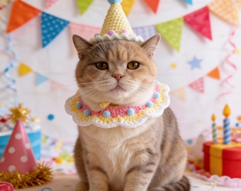 Pet Birthday Crochet Set, Handmade Cat Birthday Hat, Crochet Pet Birthday Outfit, Cute Puppy Kitty Party Costume, Pet Birthday Gift