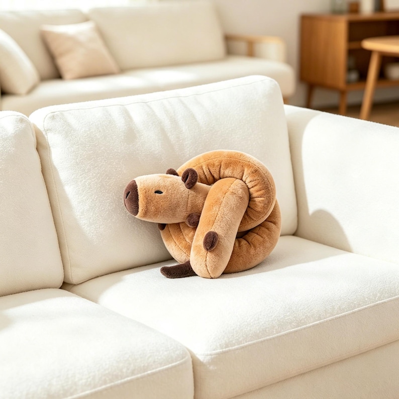 Op de afbeelding: Een beige pluche capibara-speeltje in de vorm van een opgerolde knoop. Het knuffeldier heeft een donkerbruine neus, kleine donkerbruine oren en donkerbruine voetjes. De zachte, gestructureerde stof is lichtbruin met een gladde, ronde uitstraling.