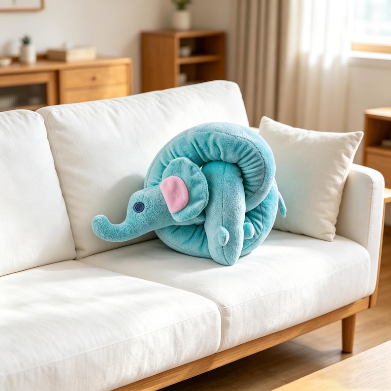 Op de afbeelding: Een pluche knuffeldier in de vorm van een opgerolde olifant. Het speelgoed is gemaakt van zachte, lichtblauwe stof met een gladde textuur. Het heeft een slurf, een klein roze binnenoor en een donkerblauw cirkelvormig oogdetail op de zijkant.