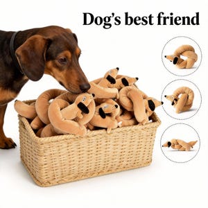 Puede incluir: Un perro salchicha marrón y canela olfatea una cesta de mimbre llena de juguetes de peluche para perros. Los juguetes tienen forma de perros salchicha y son de color canela con detalles en negro. El texto "Dog's best friend" está encima de la cesta.