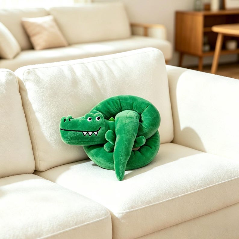 Op de afbeelding: Een felgroen pluche krokodillenspeeltje opgerold in een cirkelvorm. Het knuffeldier heeft een lachend gezicht met witte geborduurde tanden, twee kleine ogen en een textuurrijk oppervlak. Het lichaam is gebogen tot een ringvormige structuur.