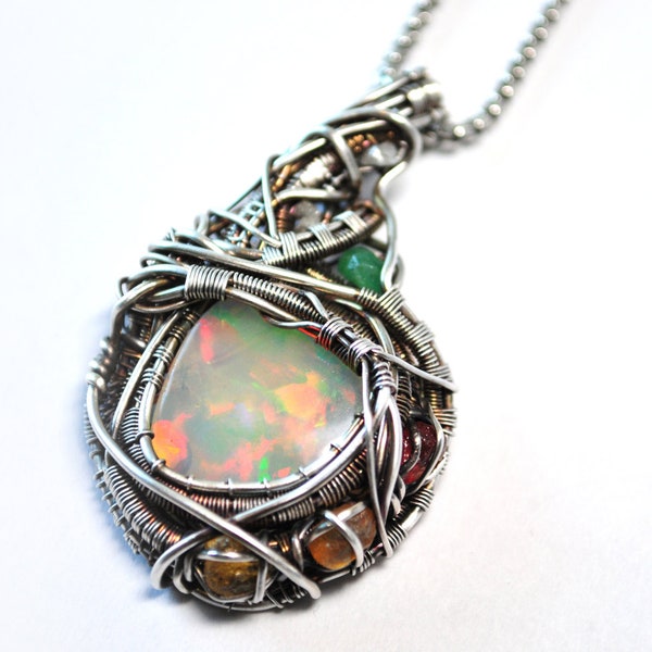 Opal Pendant Sapphire Emerald Rough Diamonds Fine Silver Artisan Necklace - Faisel