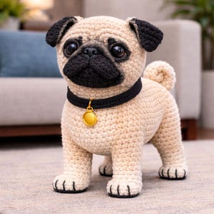 May include: A crocheted pug dog figurine in tan, black, and gold. The dog has large, dark eyes, a black snout, and black ears. It wears a black collar with a gold pendant. The pug is standing on all fours.