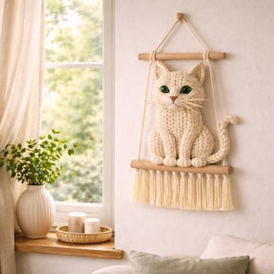 Crochet Cat Wall Hanging, Cute Handmade Cat Decor, Nursery Wall Art, Macrame Style Cat, Boho Home Decor, Gift for Cat Lovers