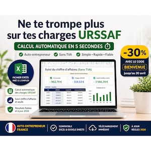 Puede incluir: Pantalla de portátil que muestra datos financieros con el texto "Ne te trompe plus sur tes charges URSSAF". La pantalla muestra gráficos y números, con una oferta de descuento del -30% con un código. La imagen incluye la bandera francesa y las palabras "Auto-entrepreneur France".