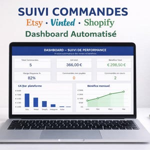 May include: A laptop displays a dashboard with sales data from Etsy, Vinted, and Shopify. The screen shows total orders, average margin, and revenue figures. Text at the top reads "SUIVI COMMANDES" and "Dashboard Automatisé."