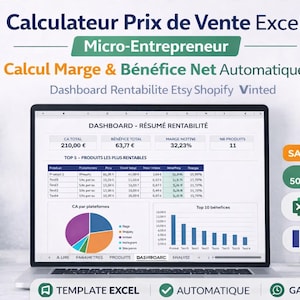 Micro-Entrepreneur Selling Price Calculator in Excel | Automatic Margin & Net Profit | Profitability Dashboard for Etsy, Shopify, and Vinted