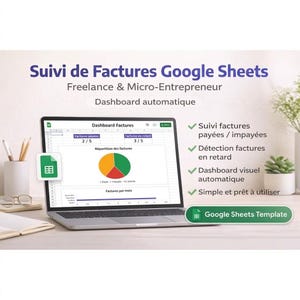 以下が含まれることがあります： ラップトップには、「Suivi de Factures Google Sheets」というテキストが表示されたGoogle Sheetsのダッシュボードが表示されています。画面には円グラフとデータテーブルが表示されています。画像にはGoogle Sheetsのアイコンとチェックマークが含まれています。
