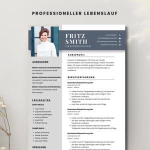 Op de afbeelding: Een professioneel cv-sjabloon met een foto van een vrouw, met secties voor opleiding, vaardigheden en werkervaring. Het cv bevat de naam "Fritz Smith" en de titel "Grafikdesigner". Het document is voornamelijk zwart en wit.