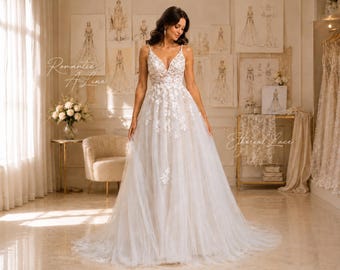 Modest Floral Lace A-Line Wedding Dress,Beach Deep V Neck Open Back Bridal Gowns