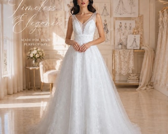 Pearl Tulle A-Line Wedding Dress, V Neck Bridal Gown with Illusion Straps and Low Back