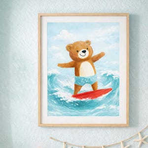Decoración de pared para habitación infantil de playa / Impresión de oso surfero caprichoso - Decoración costera para bebés / Descarga digital
