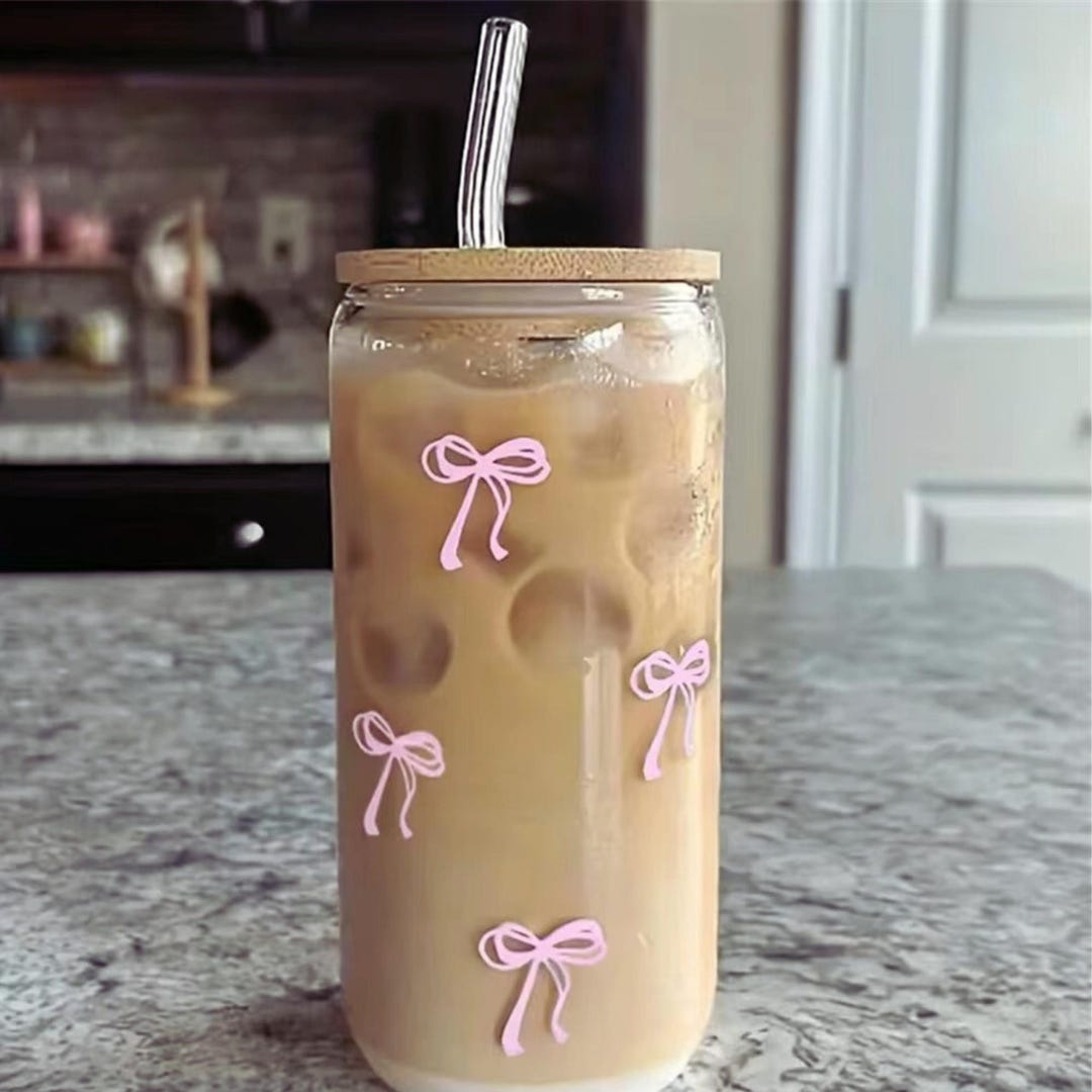 Pink Bow Glass Cup With Lid and Straw, Iced Coffee Tumbler - Etsy