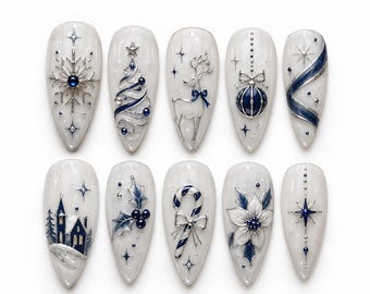 Navy and Silver Christmas Press On Nails, Milky White Winter Nails, Snowflake Nails, Elegant Holiday Glue On Nail Set