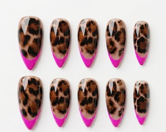 Uñas postizas con estampado de leopardo, uñas postizas con punta francesa rosa fucsia, uñas postizas con pegamento de estilo Y2K, uñas hechas a mano a medida, regalo para ella.